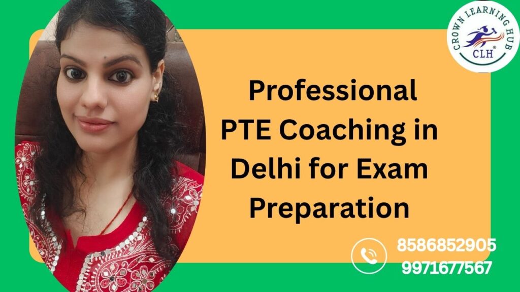 Premium banner showing PTE preparation theme with student study elements and a clear headline for Professional PTE Coaching in Delhi.