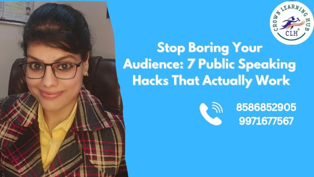 Public speaking hacks illustrated through a confident speaker engaging an attentive audience during a live presentation session.