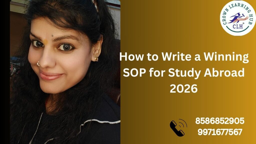A modern study abroad themed banner with a student desk, notebooks, and a global map background that represents SOP writing for 2026 admissions.