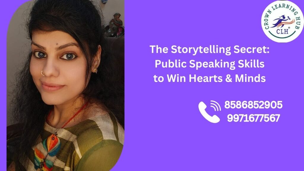 Public speaking storytelling visual showing a confident speaker connecting emotionally with an engaged audience through narrative flow