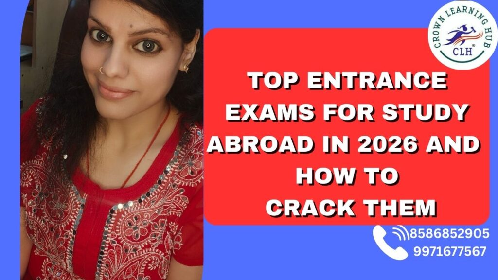 Smart study abroad banner showing global exam themes with icons, books, and a student planning for international university admissions in 2026.