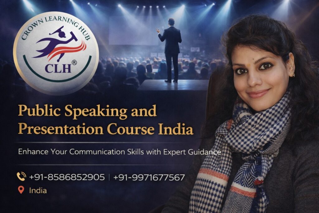 Students practicing Public Speaking and Presentation Course India in a modern classroom with mentor guidance