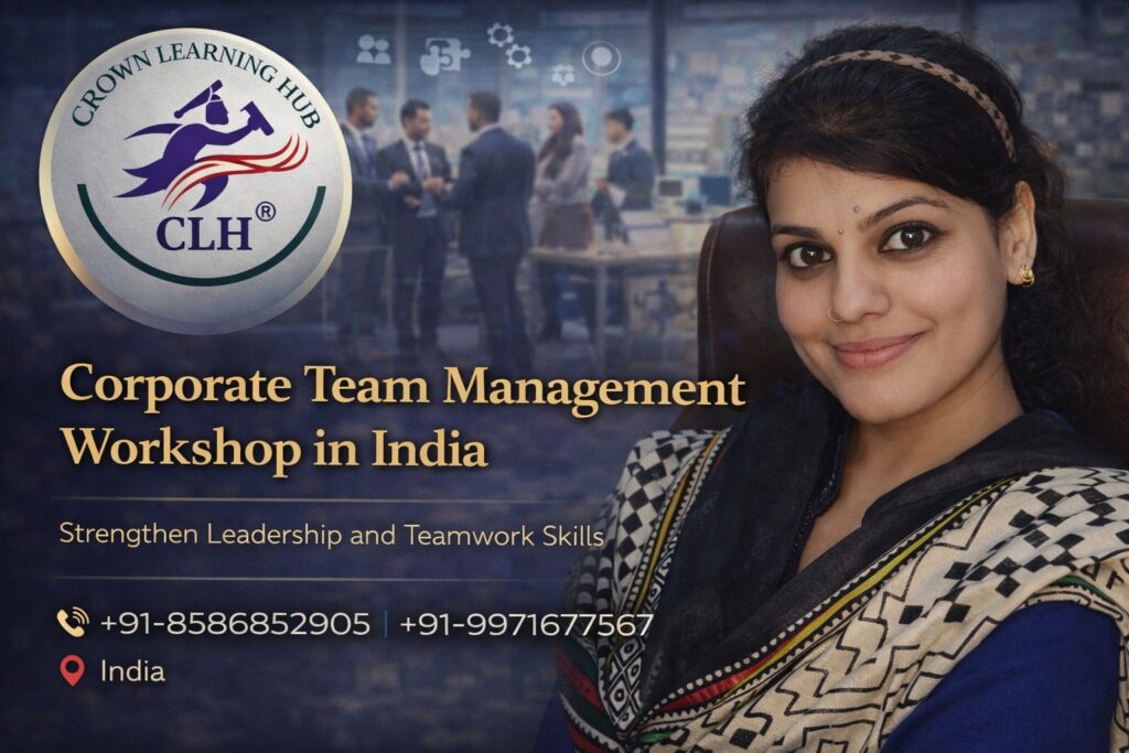 Corporate Team Management Workshop in India session with leaders discussing strategy and collaboration in a modern office