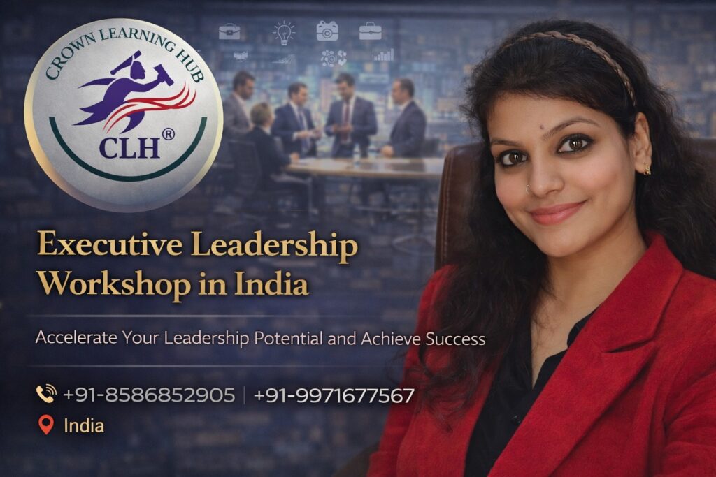 Executive Leadership Workshop in India session with senior managers discussing strategy in a modern corporate boardroom