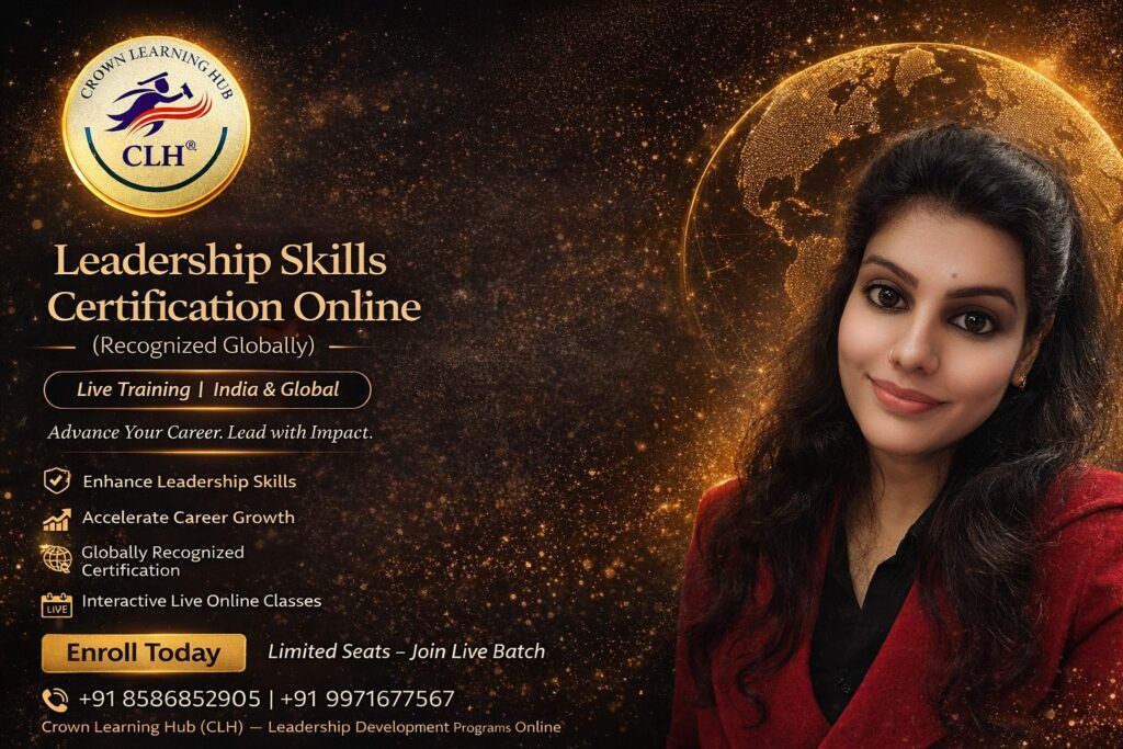 Leadership skills certification online program showing professionals learning team management and communication in a modern setup