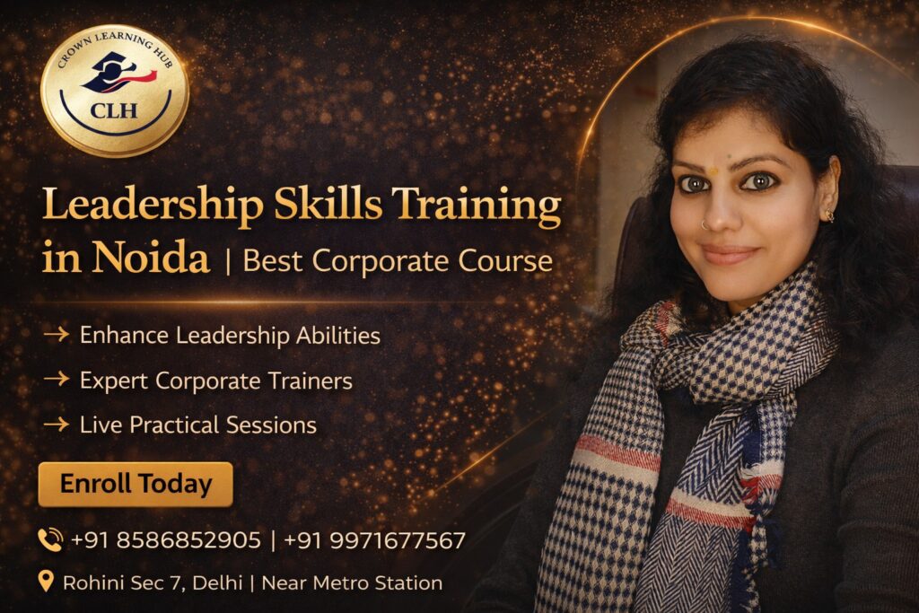 Professional leadership training session in Noida showing mentor guiding corporate team in communication and management skills