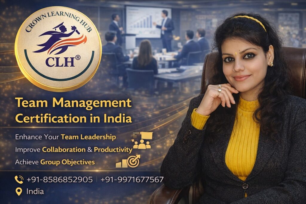 Professional workshop setting for Team Management Certification in India where mentor guides professionals learning leadership and collaboration skills