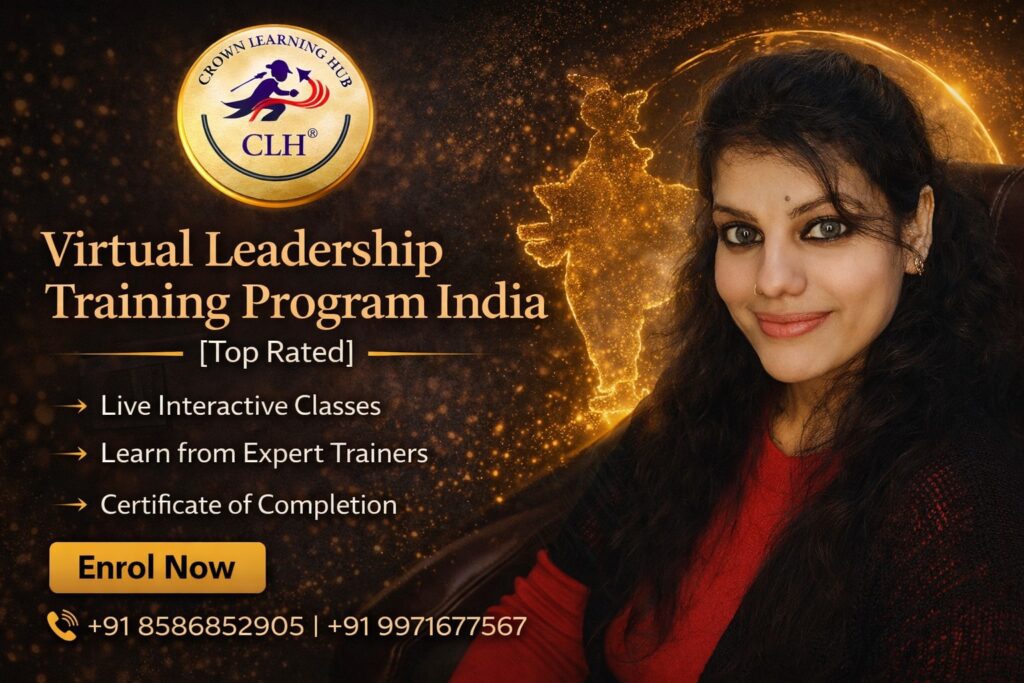 Professional attending virtual leadership training program India with laptop, team collaboration and mentoring guidance