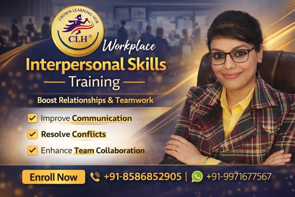 Workplace interpersonal skills training session showing professionals improving communication and teamwork skills in a modern office