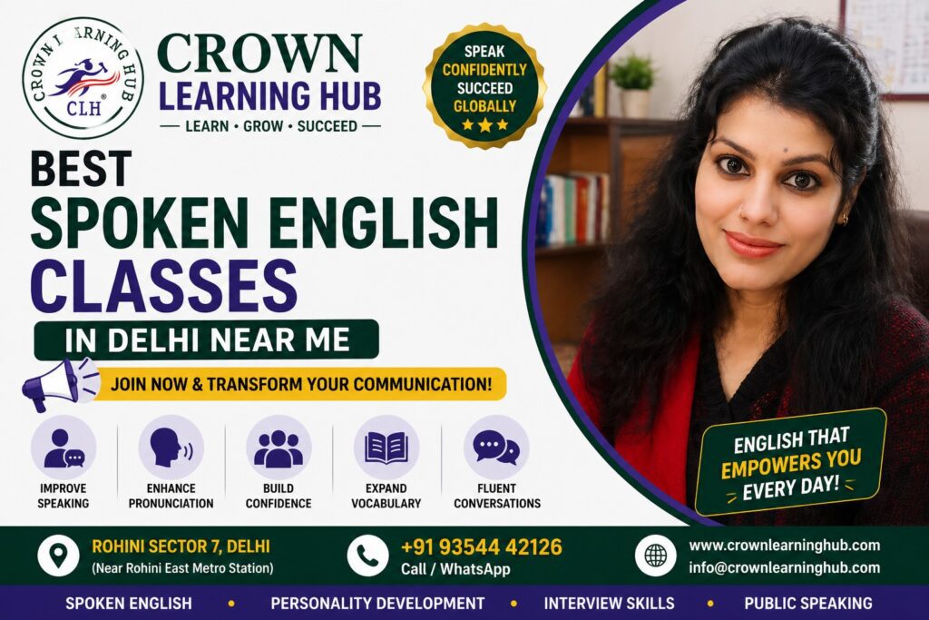 Students attending spoken English classes in Delhi improving fluency and communication skills in a modern classroom