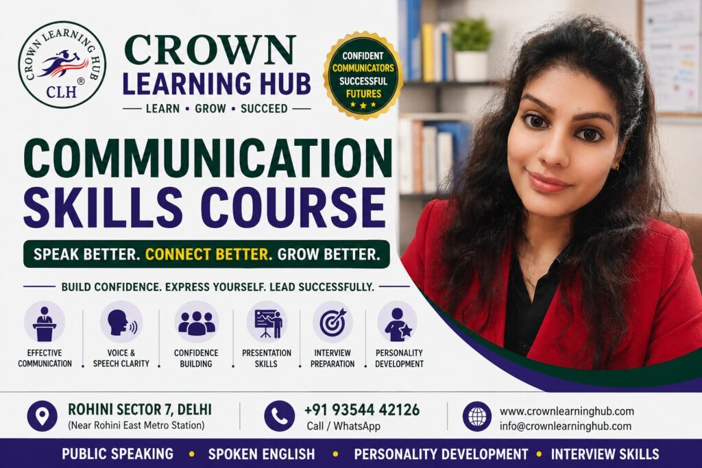 Students learning communication skills course near me in a modern Delhi classroom with mentor guidance and confidence building activities
