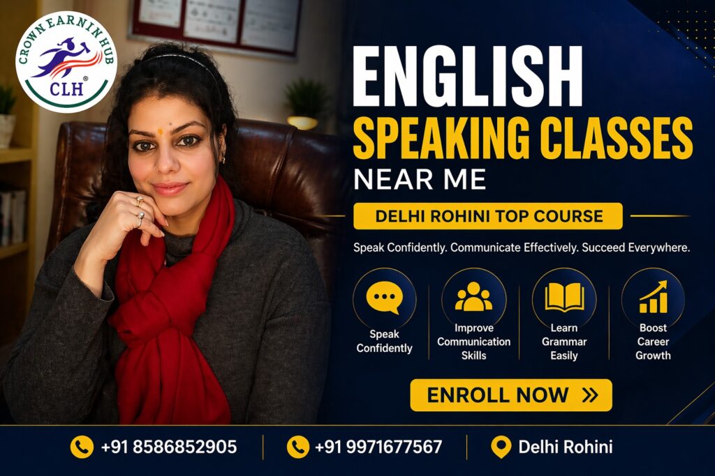 Students learning English speaking classes near me in a modern classroom at Rohini Delhi institute with mentor guidance