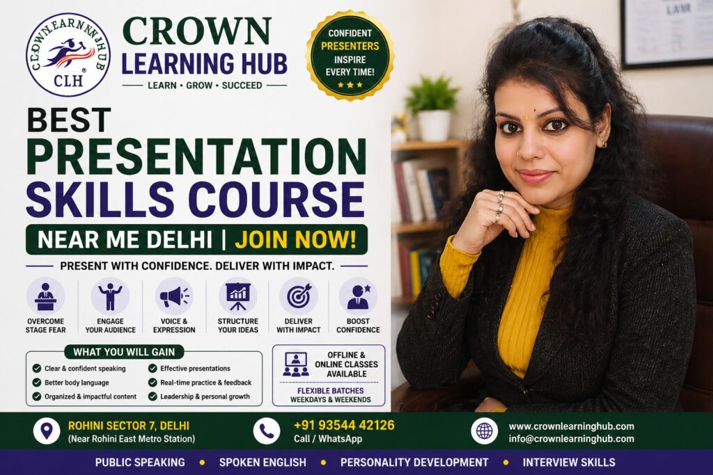 Students practicing presentation skills in a classroom setting at a Delhi institute with mentor guidance and confidence building