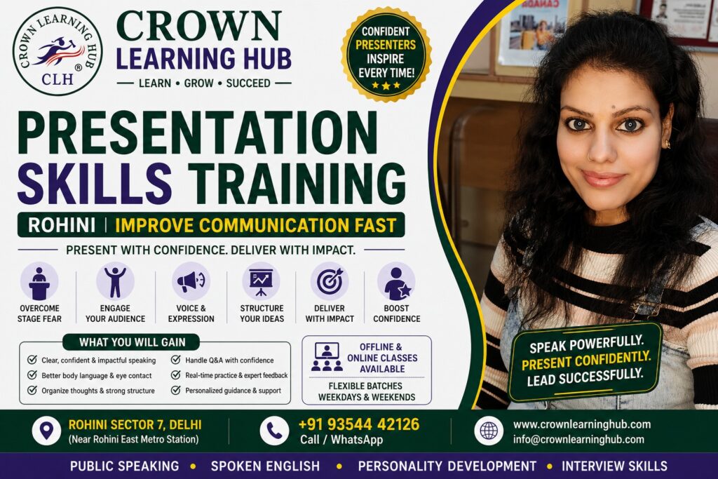 Students practicing presentation skills training rohini in a professional classroom setting with mentor guidance