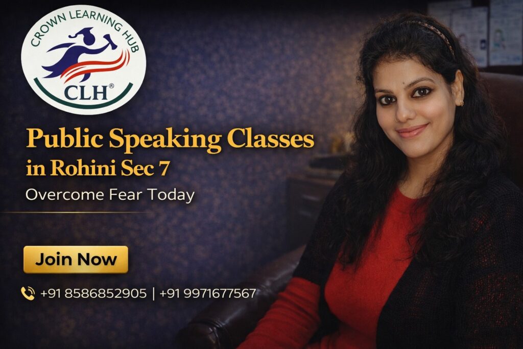Students practicing public speaking in a modern classroom at Rohini Sec 7 with mentor guidance and confidence building exercises