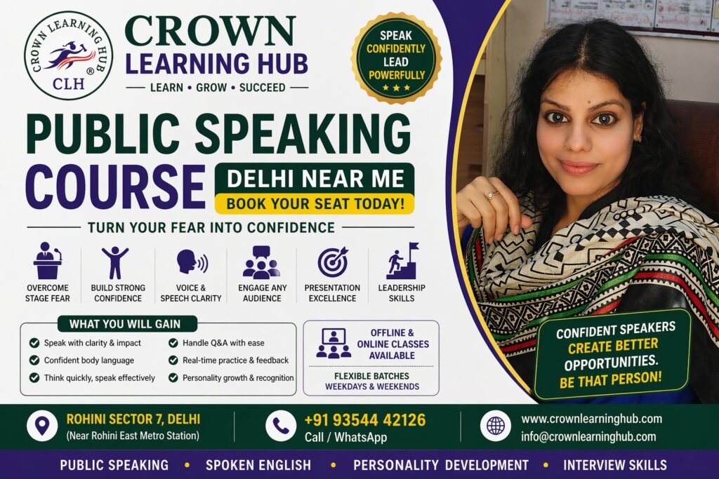 Student practicing public speaking skills confidently in a classroom setting in Delhi with mentor guidance
