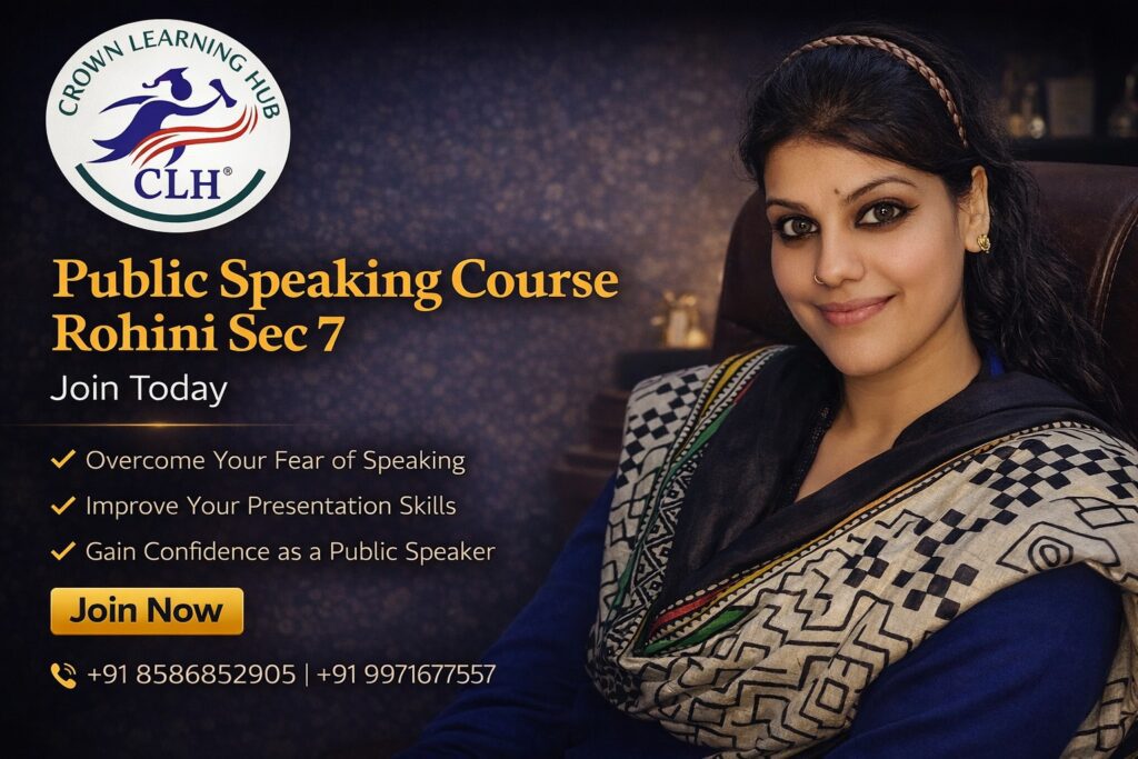 Students practicing public speaking skills confidently during a classroom session in Rohini Sector 7 at Crown Learning Hub