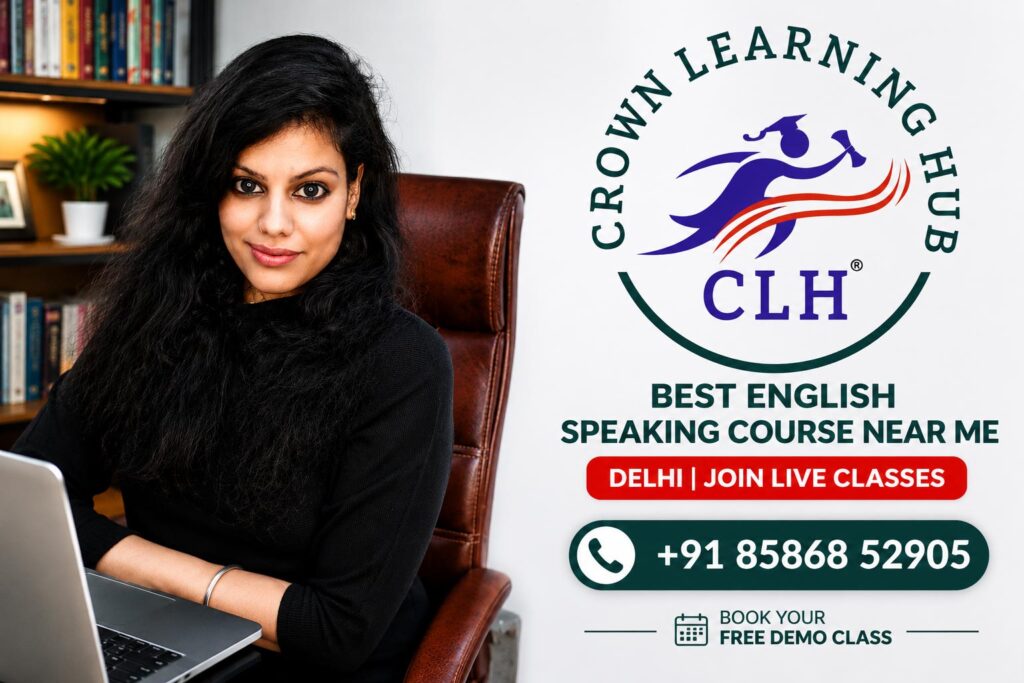 Students attending live English speaking classes at Crown Learning Hub Delhi with mentor guided communication training