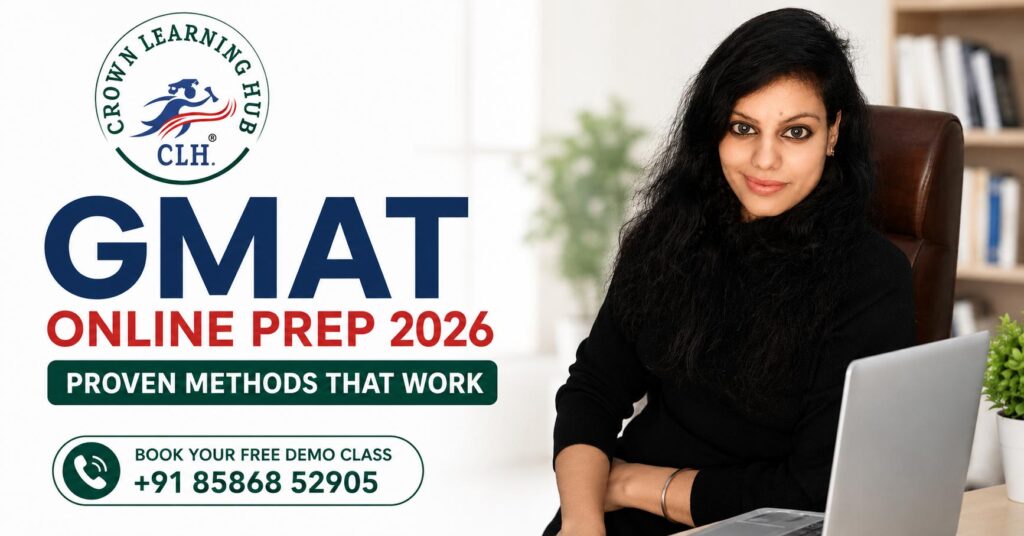 Student attending GMAT Online Prep 2026 mentoring session with expert trainer and study materials on desk