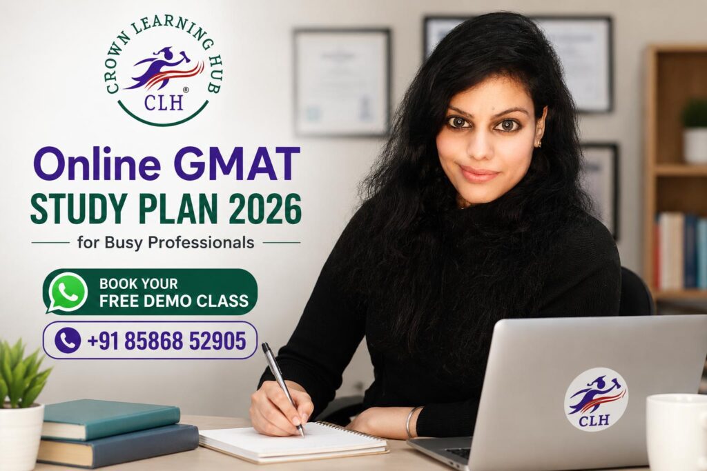 Professional working employee studying online for GMAT 2026 with laptop, notes, and flexible evening study schedule