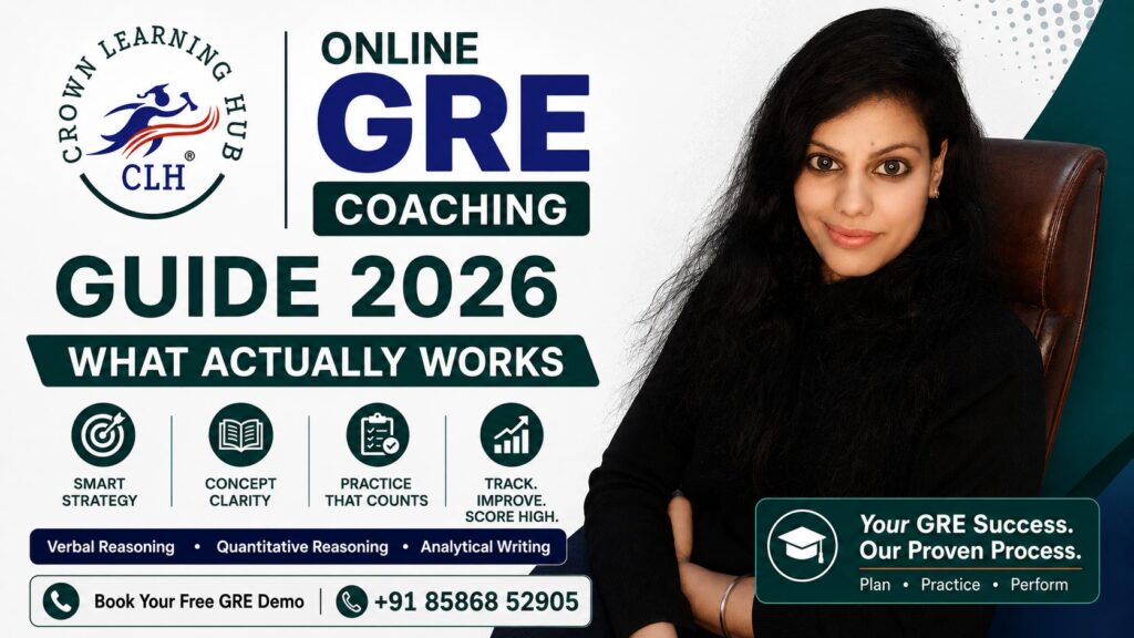 Student attending an online GRE coaching session with mentor guidance and digital mock test preparation setup