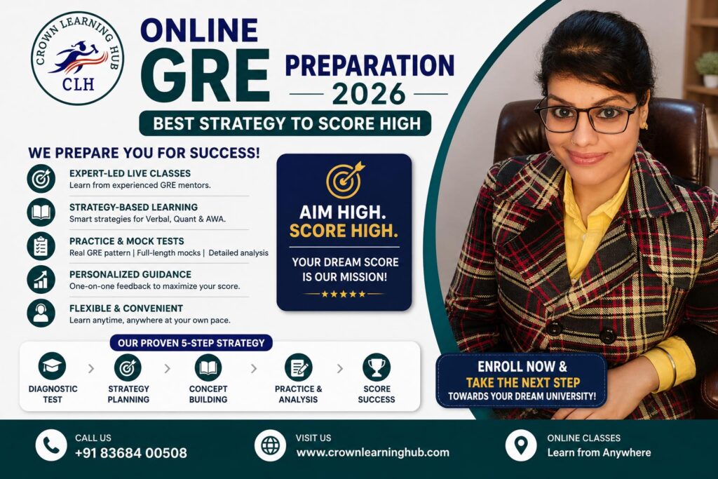 Student preparing for GRE exam online with laptop, notes, and strategy plan for high score in 2026