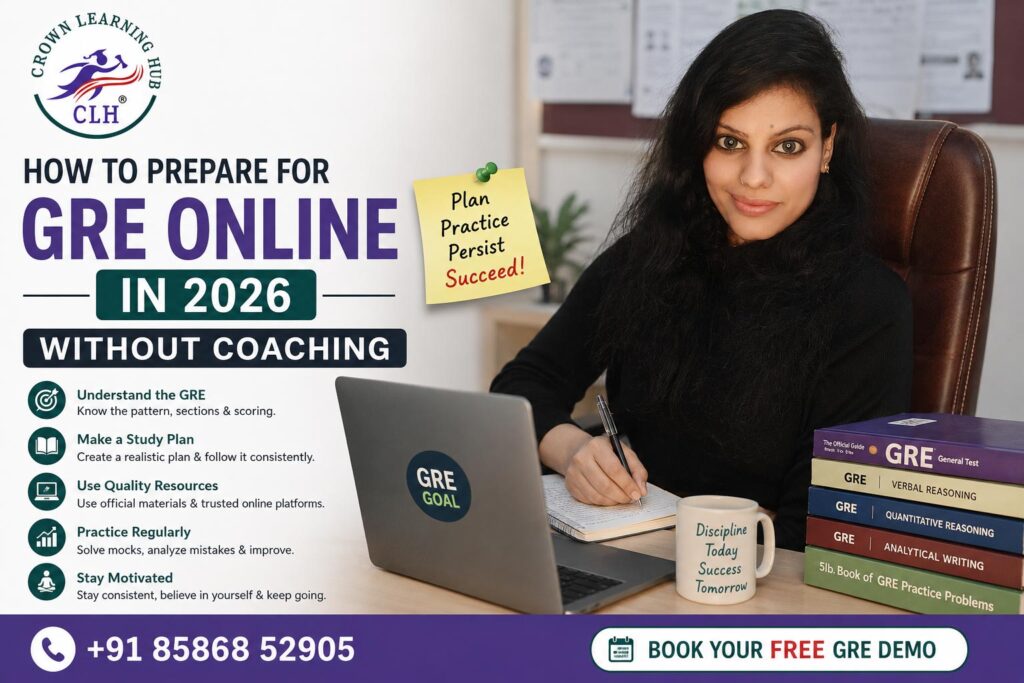 Student studying for GRE online in 2026 using laptop, notes, and mock tests without coaching support