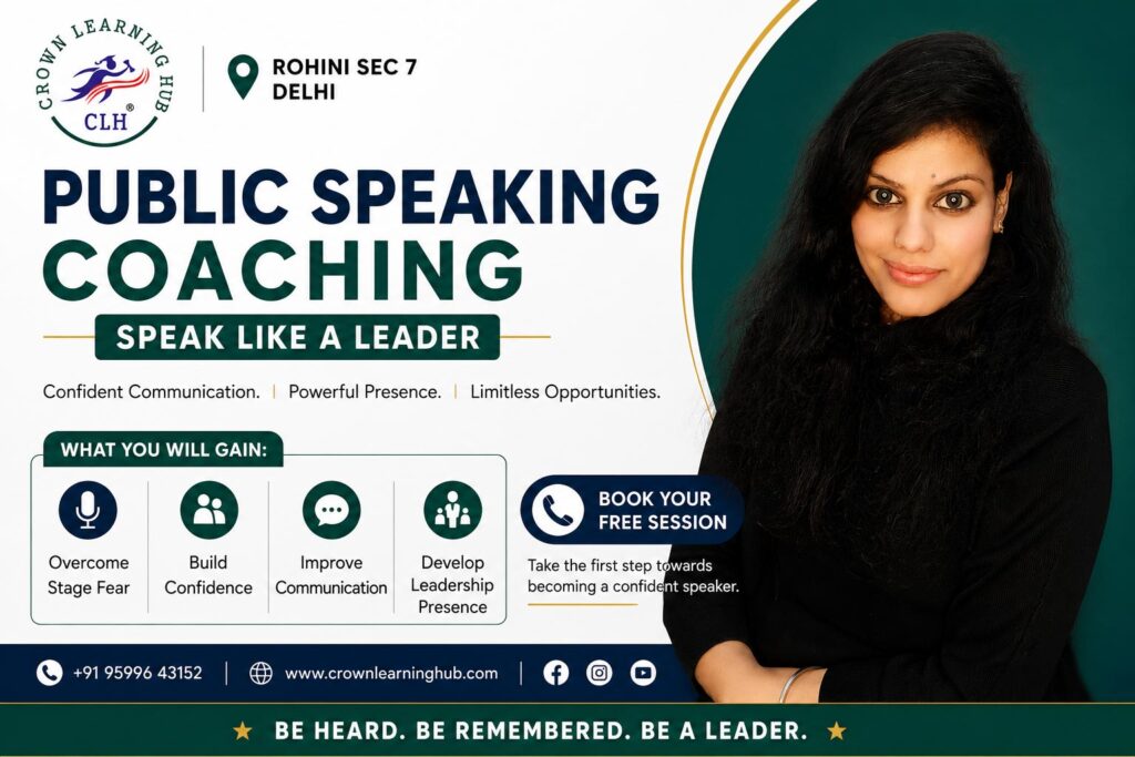 Students practicing confident leadership communication during a public speaking coaching session at Crown Learning Hub Rohini