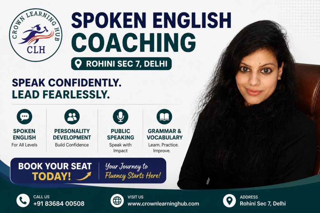 Students learning spoken English in Rohini Sector 7 classroom with mentor guiding communication and confidence building sessions