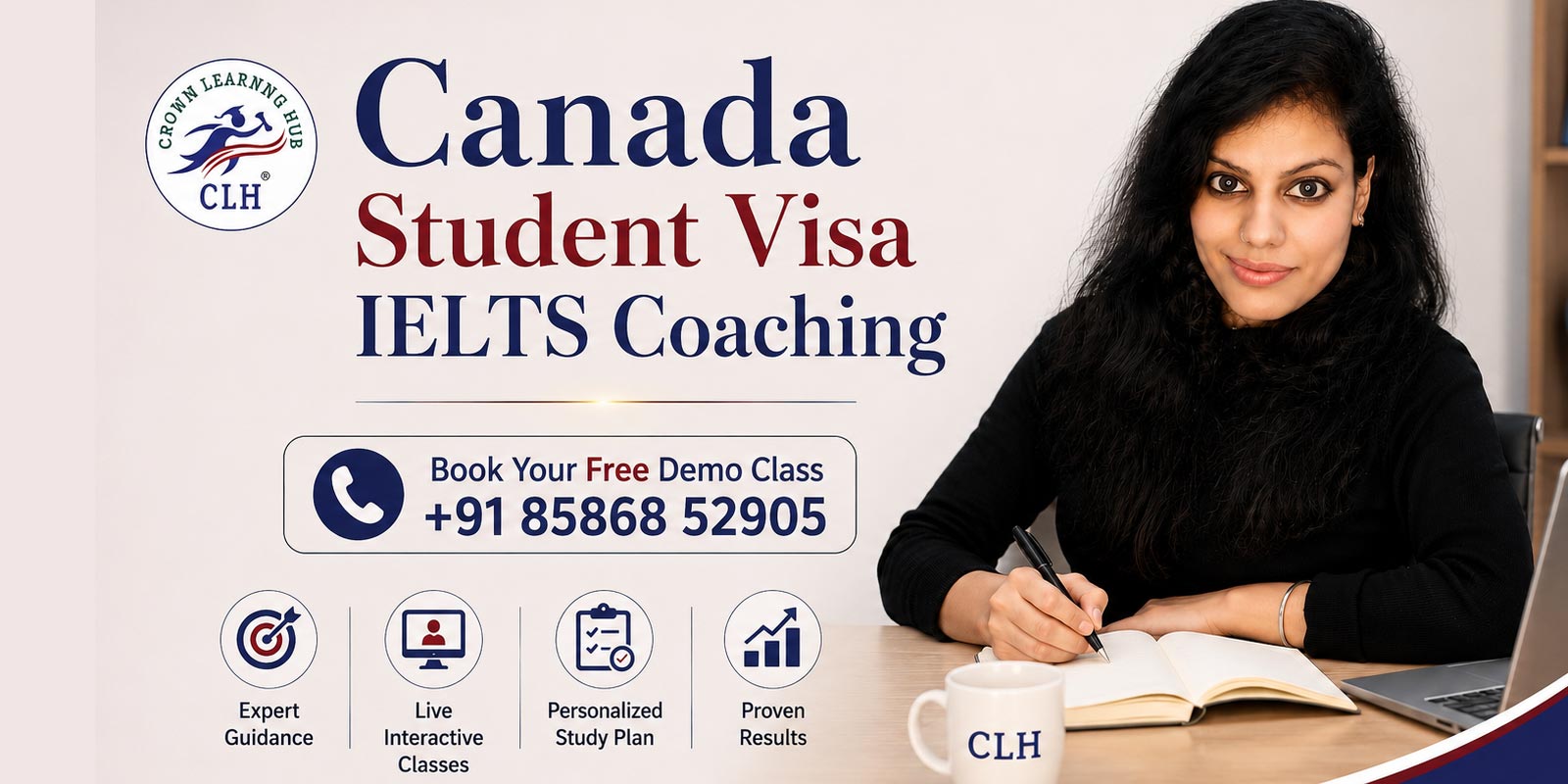 Student practicing IELTS listening test at Crown Learning Hub for Canada study visa.