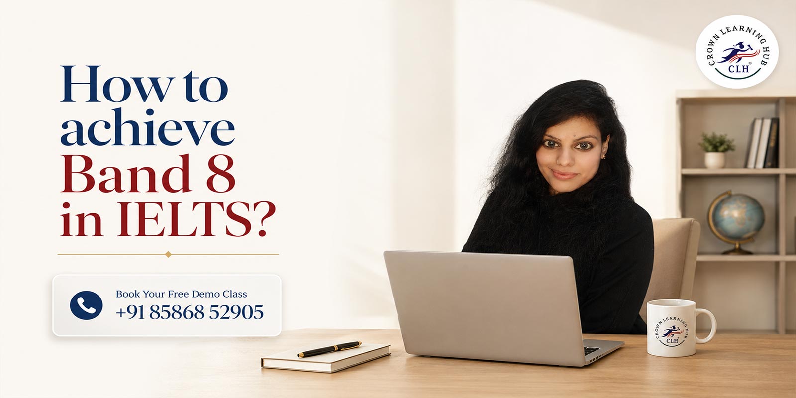 Aarti Dhingra mentoring a student on how to achieve Band 8 in IELTS using a study guide.