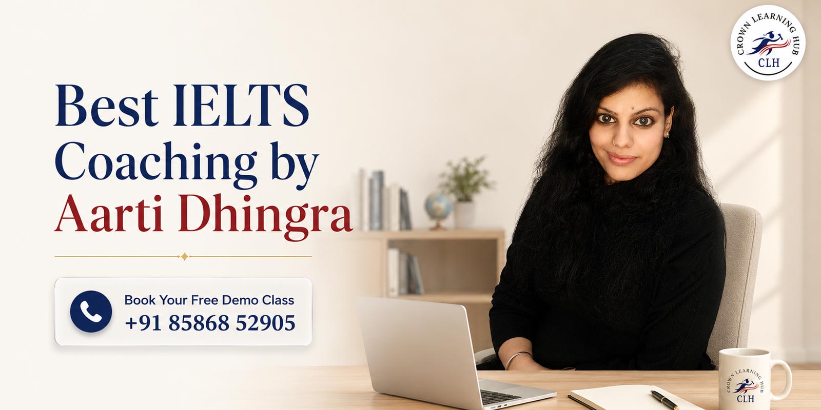 Aarti Dhingra counseling an IELTS student at Crown Learning Hub in Delhi.