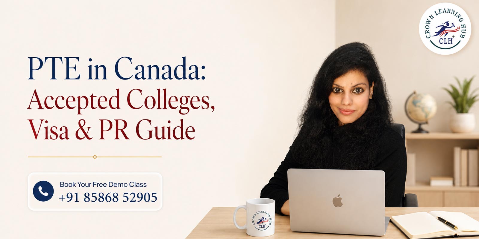 A student reviews their PTE scorecard on a laptop while holding a Canadian university acceptance letter.