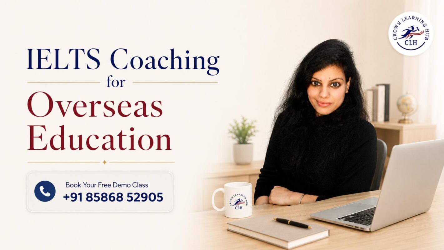 IELTS Coaching for Overseas Education banner featuring an experienced Crown Learning Hub mentor with free demo class information.