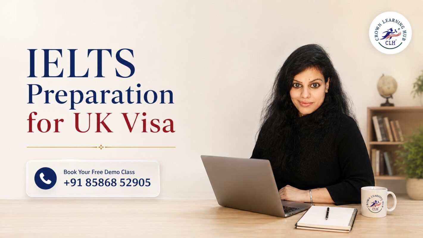 Luxury editorial hero banner for IELTS Preparation for UK Visa featuring a Crown Learning Hub mentor in a modern office with free demo class CTA.