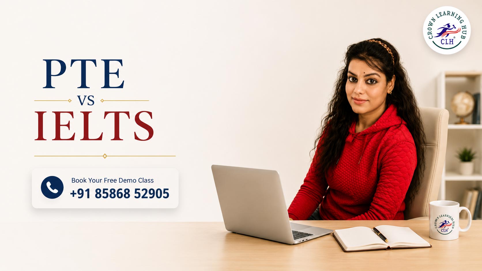 PTE vs IELTS comparison banner featuring Crown Learning Hub IELTS and PTE coaching